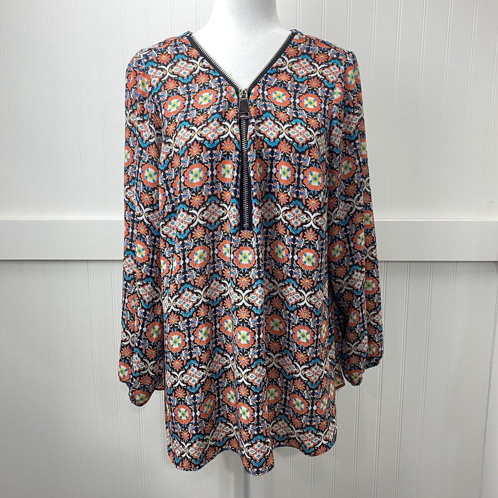 Boho Tunic Top Zac & Rachel 1X Orange Teal Multicolor Pattern Zip Neckline - Picture 1 of 12